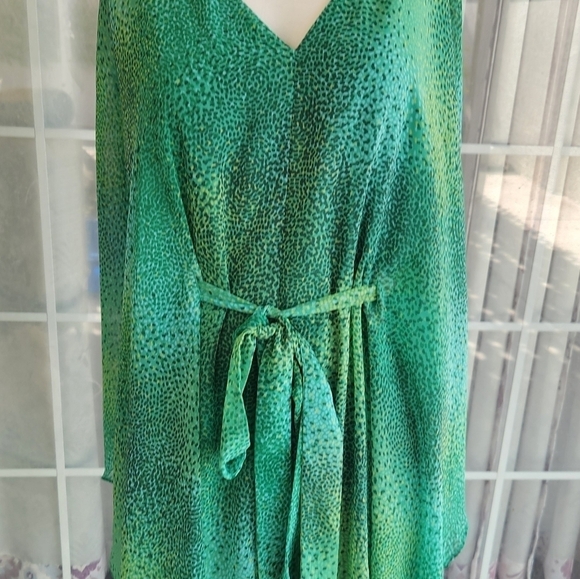 HALSTON Green Speckled Print kaftan style mini dress. Can tie at the front - Picture 2 of 9